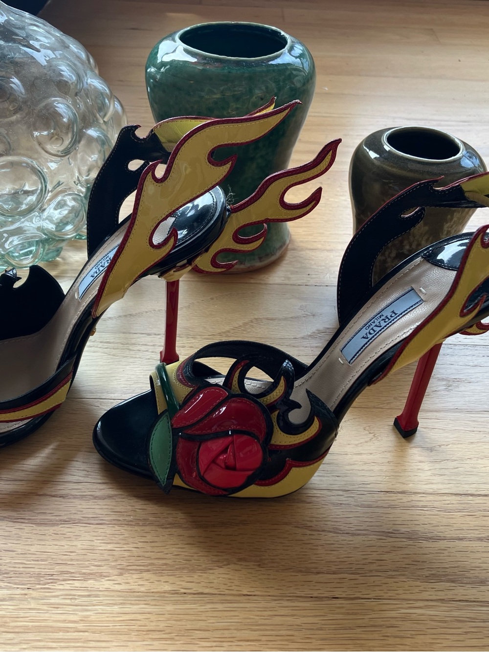 Iconic Prada Hot Rod Flames Heels SS 2012 Yellow With Roses Like New 36.5/6.5 - Picture 3 of 14